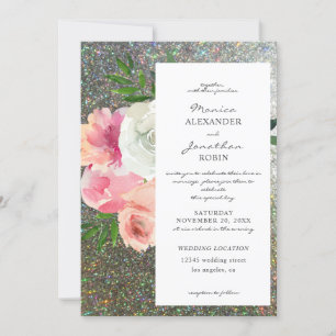 Blush Pink Gray Floral & Silver Glitter Wedding 2 Invitation