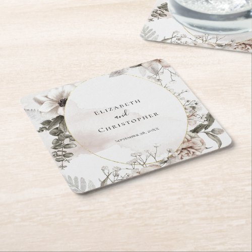 Blush Pink Gray Floral Watercolor Wedding Square Paper Coaster