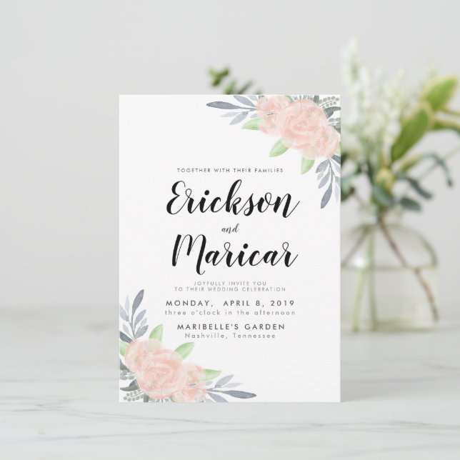 Blush Pink & Gray Floral | Wedding Invitation (Standing Front)