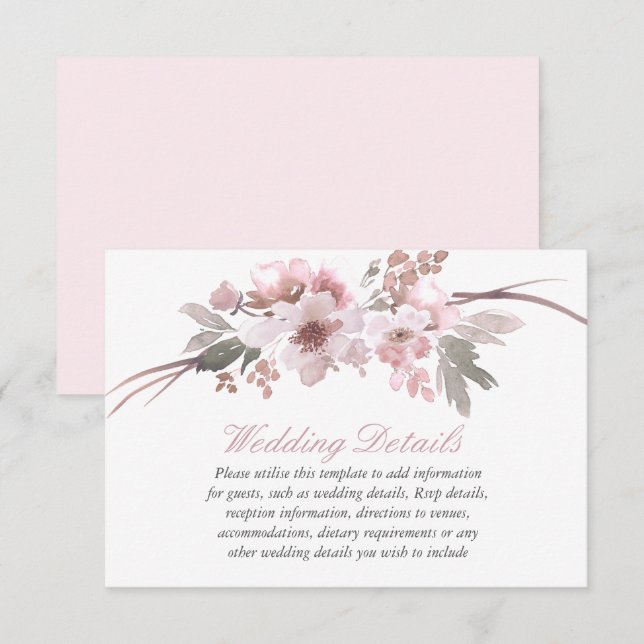 Blush Pink & Gray Floral Wedding Reception Details Invitation (Front/Back)