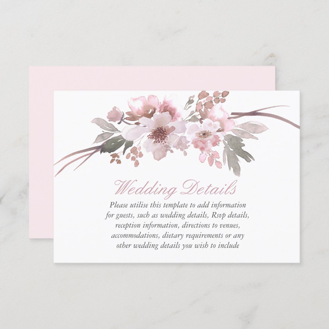 Blush Pink & Gray Floral Wedding Reception Details Invitation 