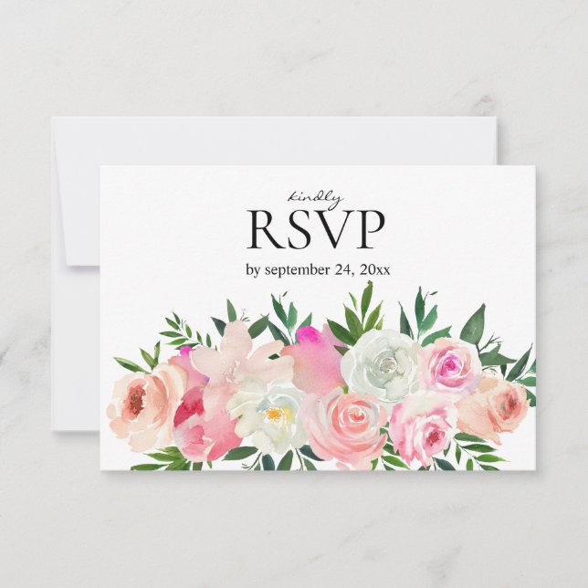 Blush Pink & Gray Floral with Meal Wedding RSVP Card (Front)