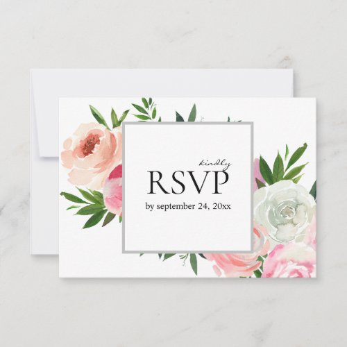 Blush Pink  Gray Floral with Meal Wedding V2 RSVP Card