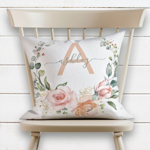 Blush Pink & Gray Floral Wreath Name Monogram Throw Pillow