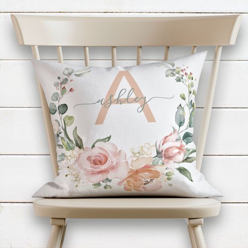 Blush Pink  Gray Floral Wreath Name Monogram Throw Pillow