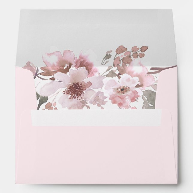 Blush Pink & Gray Flowers Wedding Envelope (Back (Bottom))