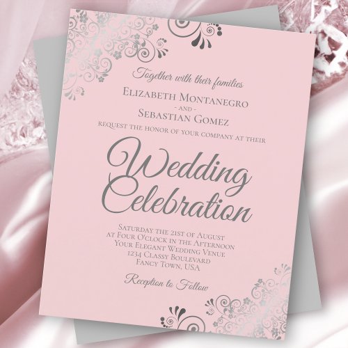 Blush Pink  Gray Frilly BUDGET Wedding Invitation