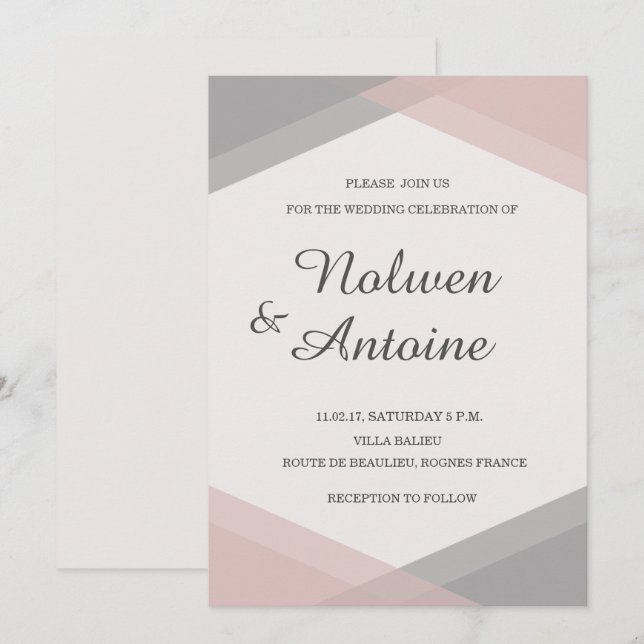 Blush pink gray geometric elegant modern wedding invitation (Front/Back)