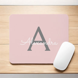 Blush Pink Gray Girly Script Monogram Name Modern Mouse Pad