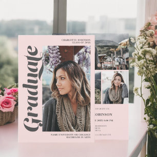 Blush pink gray graduate script photo graduation invitation