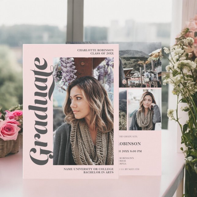 Blush pink gray graduate script photo graduation invitation (Blush pink gray graduate script photo graduation invitation)