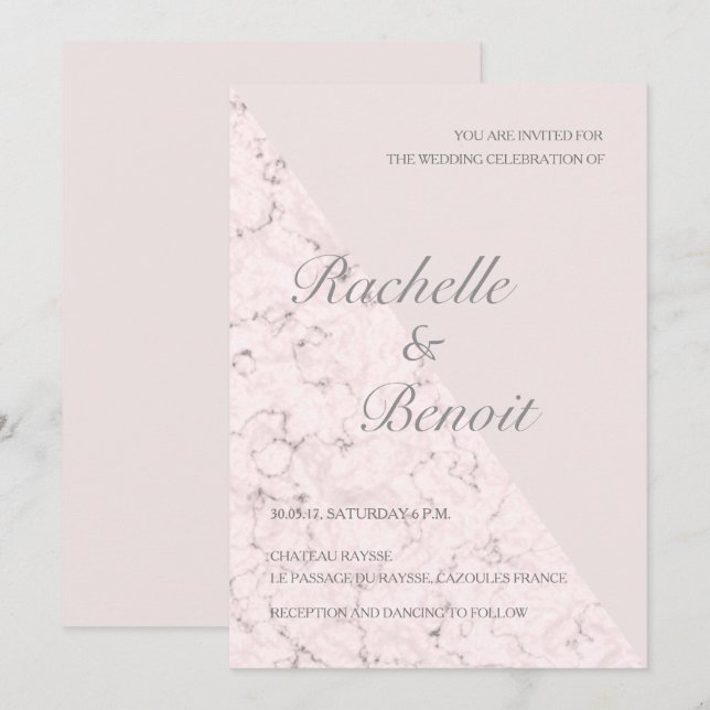 Blush pink gray marble elegant modern wedding invitation (Front/Back)