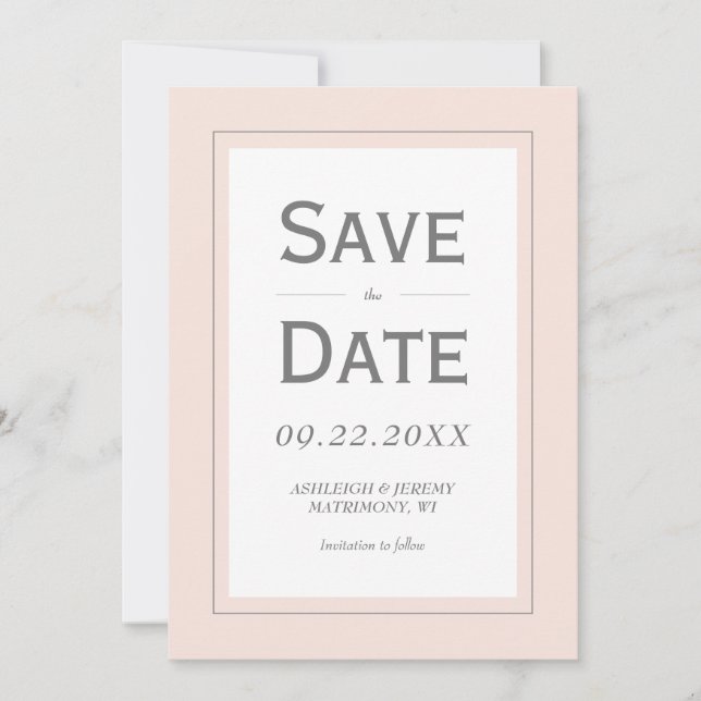 Blush Pink Gray Modern Minimalist Vertical Save The Date (Front)