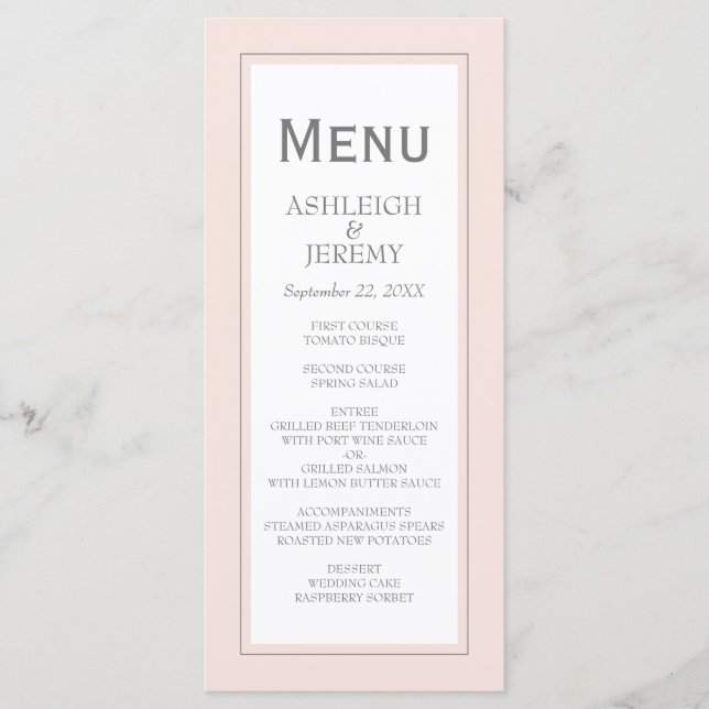 Blush Pink Gray Modern Minimalist Wedding Menu (Front)