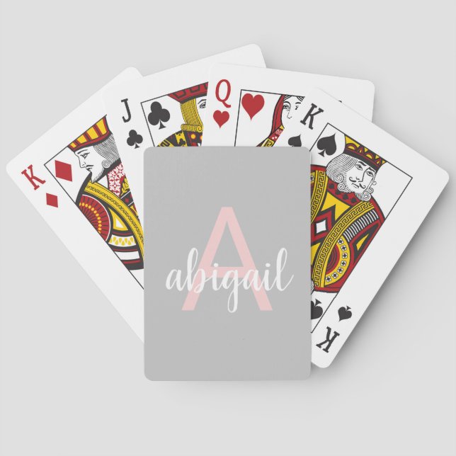 Blush Pink Gray Modern Monogram Name and Initial Poker Cards (Back)