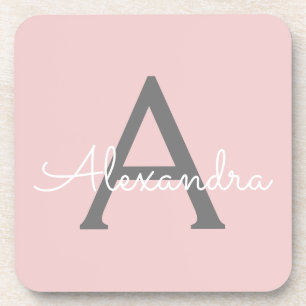 Blush Pink Gray Modern Script Girly Monogram Name Beverage Coaster
