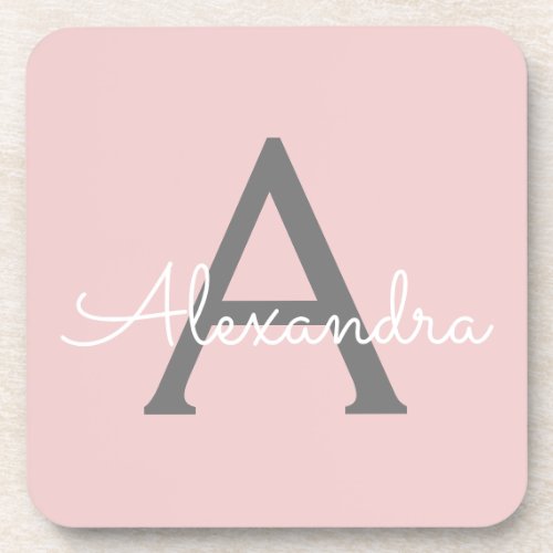 Blush Pink Gray Modern Script Girly Monogram Name Beverage Coaster