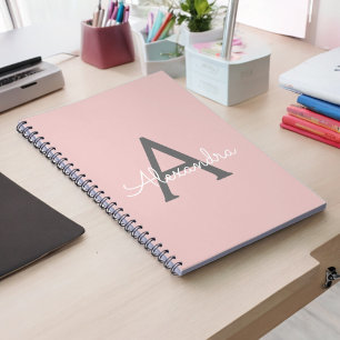 Blush Pink Gray Modern Script Girly Monogram Name Notebook