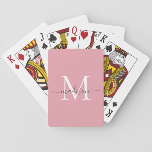 Blush Pink Gray Monogram Elegant Girly Script Name Poker Cards