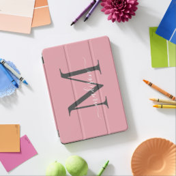Blush Pink Gray Monogram Feminine Elegant Script iPad Air Cover