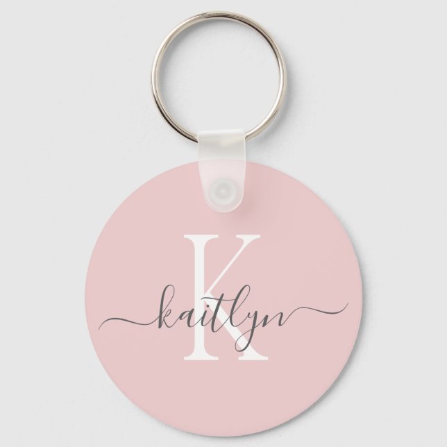 Blush Pink Gray Name Initial Monogram Keychain (Front)
