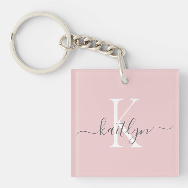 Blush Pink Gray Name Initial Monogram Keychain (Front)