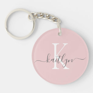 Blush Pink Gray Name Initial Monogram Keychain