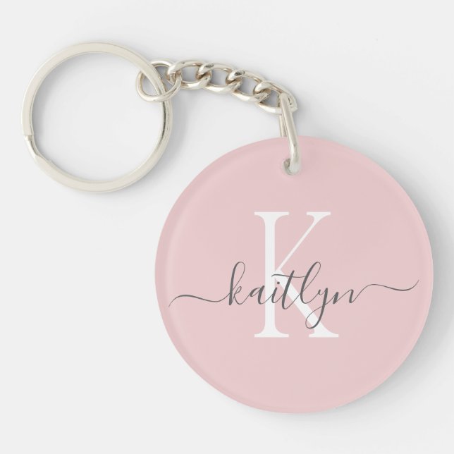 Blush Pink Gray Name Initial Monogram Keychain (Front)