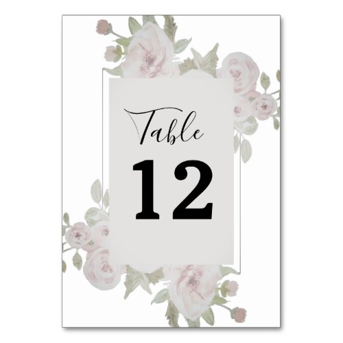Blush Pink Gray Rose Floral Watercolor Greenery Table Number