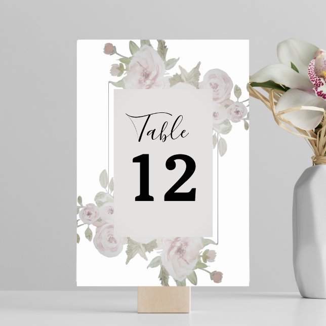 Blush Pink Gray Rose Floral Watercolor Greenery Table Number (Blush Pink Gray Rose Floral Watercolor Greenery Table Number)
