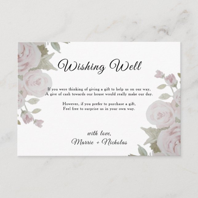 Blush Pink Gray Rose Floral Wedding Wishing Well Enclosure Card (Front)