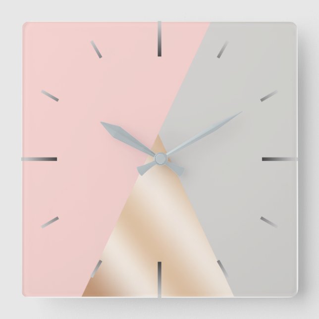Blush pink, gray & rose gold geometric triangles square wall clock (Front)