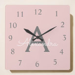 Blush Pink Gray Script Monogram Girly Name Square Wall Clock<br><div class="desc">Blush Pink and Gray Script Monogram Name Clock. This makes the perfect sweet 16 birthday,  wedding,  bridal shower,  anniversary,  baby shower or bachelorette party gift for someone that loves glam luxury and chic styles.</div>