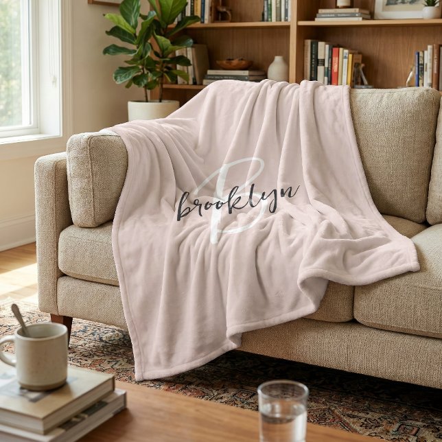 Blush Pink Gray Script Monogram Name Fleece Blanket (Creator Uploaded)