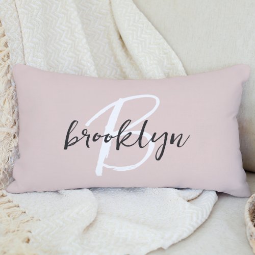 Blush Pink Gray Script Monogram Name Lumbar Pillow