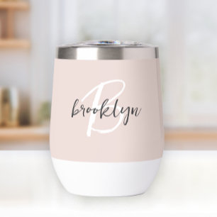 Blush Pink Gray White Monogram Name Thermal Wine Tumbler