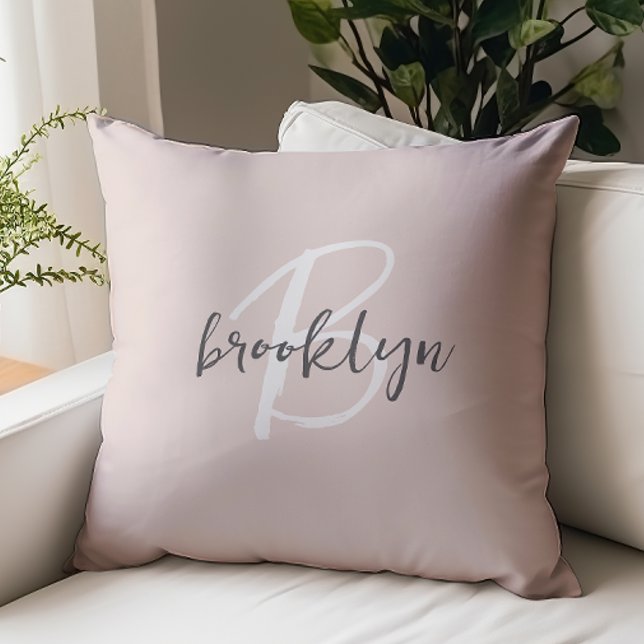 Blush Pink Gray White Monogram Throw Pillow (Creator Uploaded)