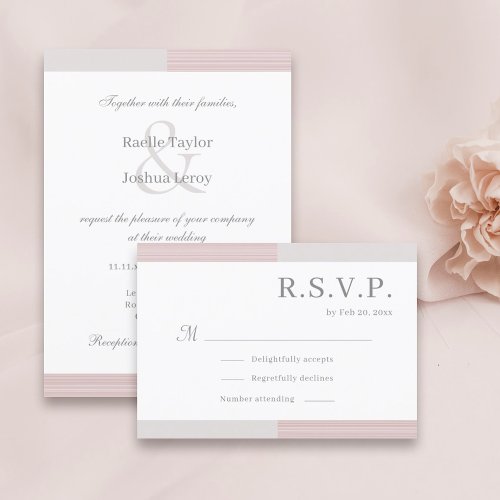 Blush Pink Gray White Stripes Elegant Wedding RSVP Invitation