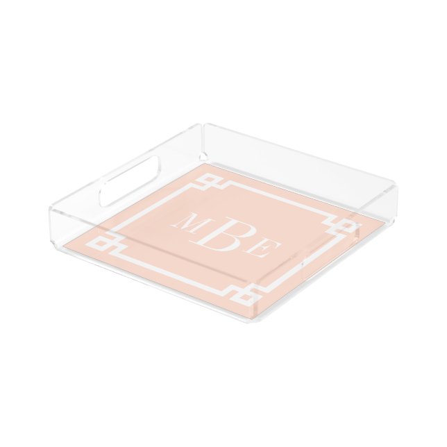 Blush Pink Greek Key Border Monogram Acrylic Tray (Angled)