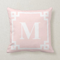 Blush Pink Greek Key Border Monogram Pillow II