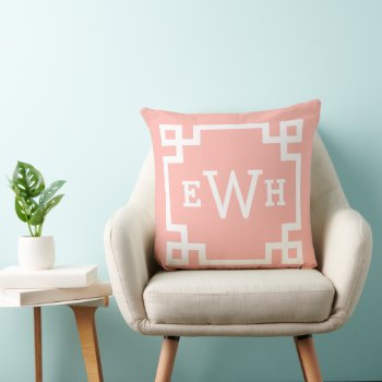 Blush Pink Greek Key Custom Monogram Initials Throw Pillow by plushpillows at Zazzle