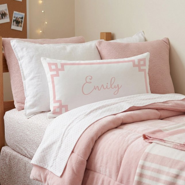 Blush Pink Greek Key Monogrammed Lumbar Pillow (Creator Uploaded)
