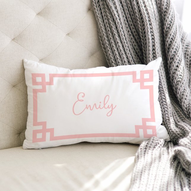 Blush Pink Greek Key Monogrammed Lumbar Pillow (Creator Uploaded)