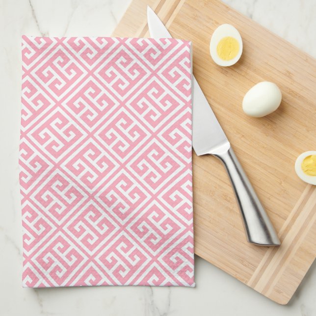 Blush Pink Greek Key Pattern Kitchen Towel (Quarter Fold)