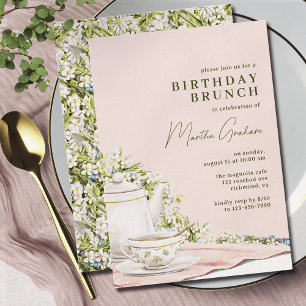 Blush Pink Green   Cute Tea Party Birthday Brunch Invitation