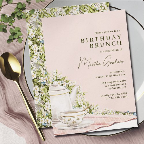 Blush Pink Green  Cute Tea Party Birthday Brunch Invitation