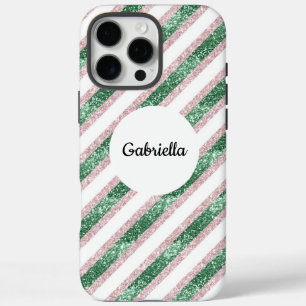 Blush Pink Green Glitter Stripes iPhone 16 Pro Max Case