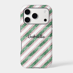 Blush Pink Green Glitter Stripes iPhone 17 Pro Case