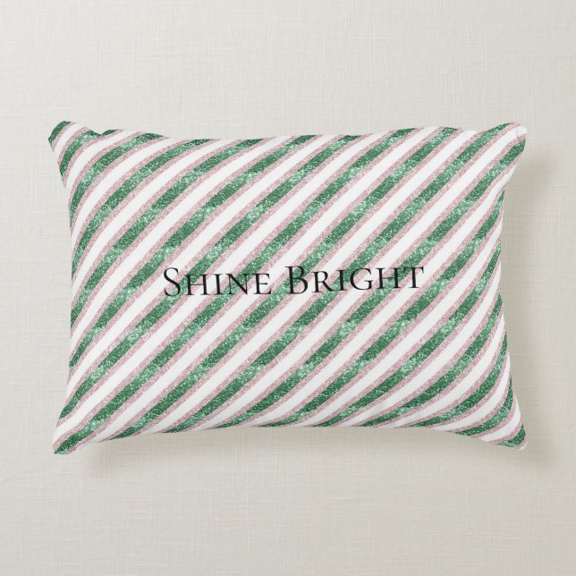Blush Pink Green Glitter Stripes Christmas   Accent Pillow (Front)