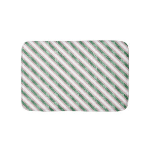 Blush Pink Green Glitter Stripes Christmas Bath Mat